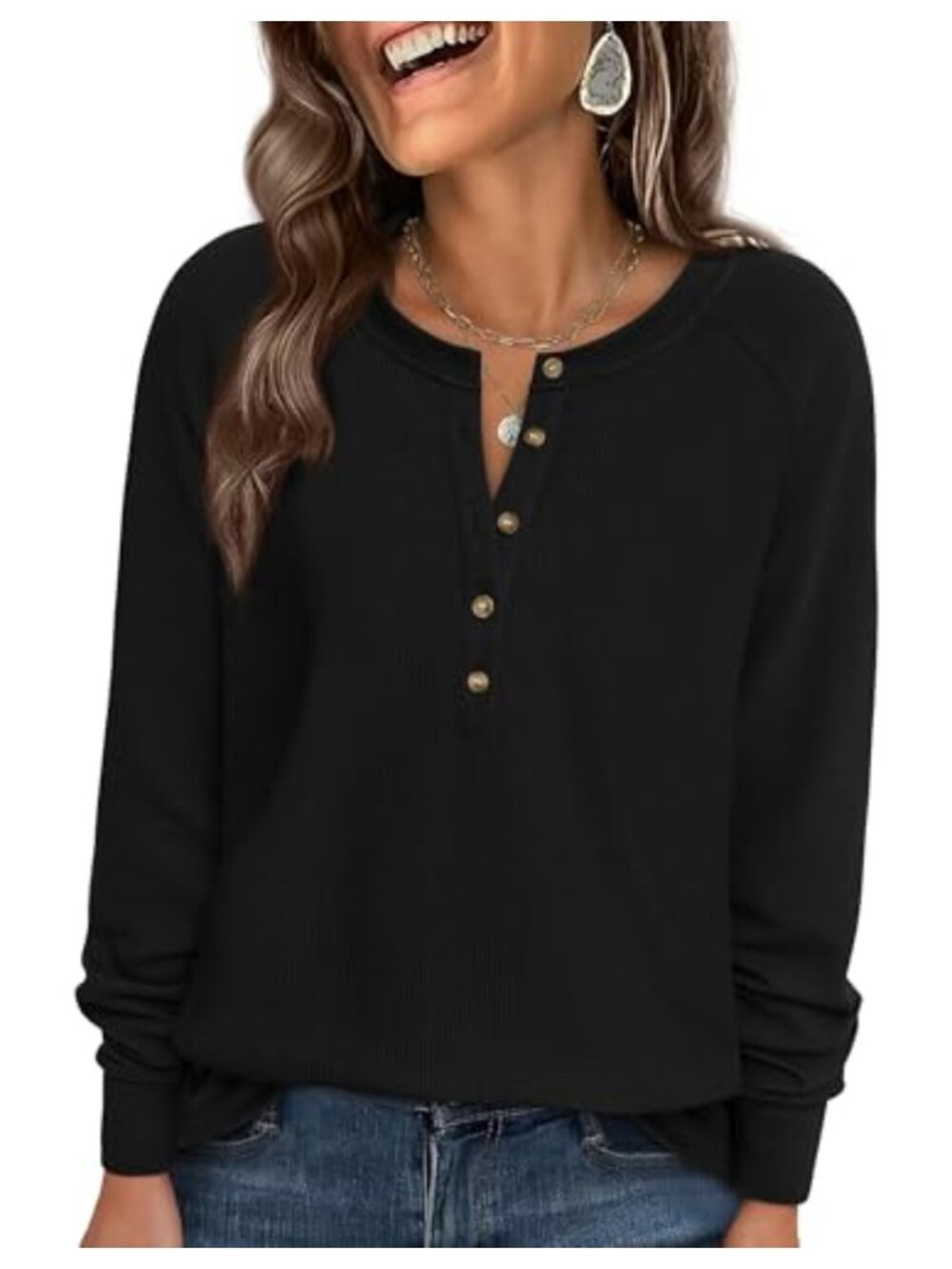 Waffle Knit Long Sleeve Henley Top Relaxed Fit